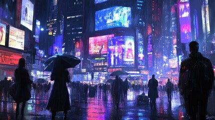 Vibrant Urban Scene with Neon Lights and Rainy Atmosphere at Night