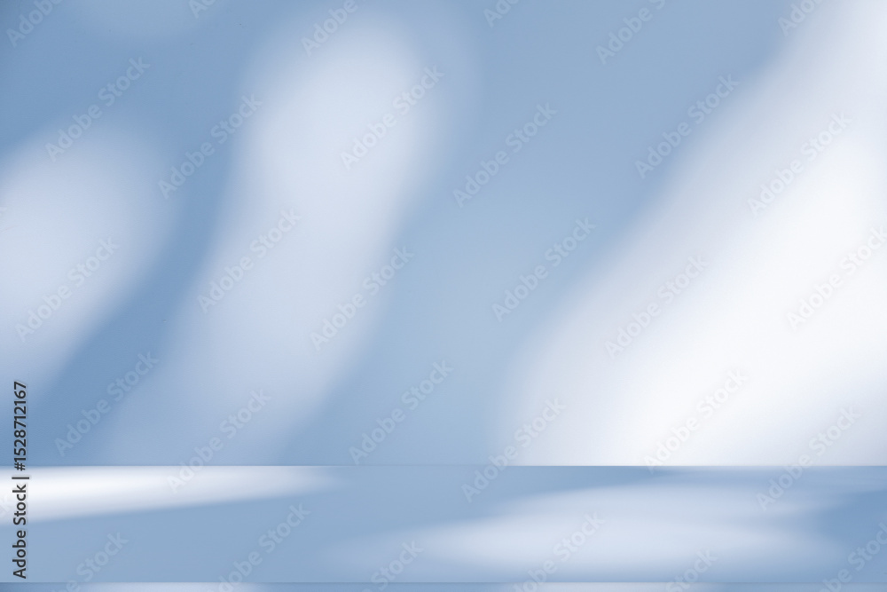 Poster Wall interior background, studio and backdrops show products.with shadow from window color white and blue background for text insertion and presentation product	