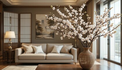 The living room's interior has a sofa, a folding screen, and lovely blossoming branches in a wicker vase.