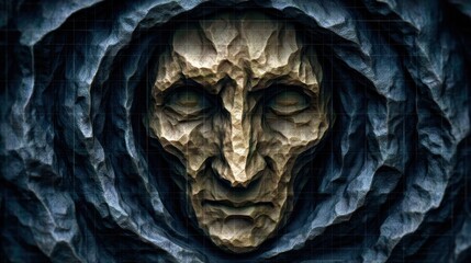 Ancient, weathered face in dark cloak