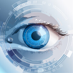 A high-tech human eye with digital overlays and circuits, illustrated in a clean, modern style with sharp detail.