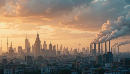 The cityscape is framed by ephemeral border building and pollution from industrial factories.