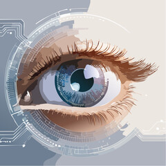 A high-tech human eye with digital overlays and circuits, illustrated in a clean, modern style with sharp detail.