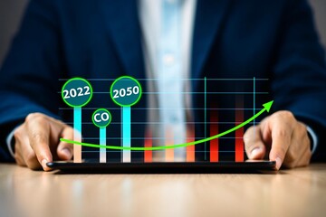 Carbon Emission Reduction Target Visualization on Tablet with Businessman Showing Progress from 2022 to 2050