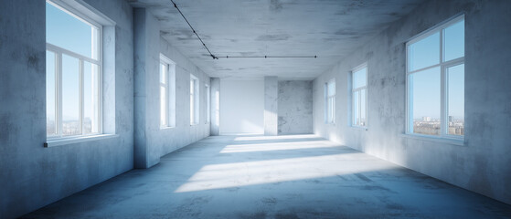 Empty industrial loft space with large windows