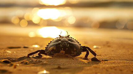 Horseshoe crab crawling on sandy beach with ancient armored shell, symbolizing prehistoric resilience and marine life survival in natural habitat.