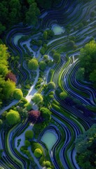 Aerial view of a meticulously designed garden with winding paths and terraced landscaping