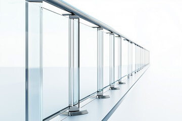 A 3D render of a modern office building interior features an empty hall with a striking staircase design, bathed in light from a large window