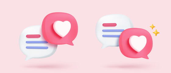 3D Social media online platform concept, online social communication on applications, Photo frame with heart and love emoji icon, like and play in red bubble 3d icons. 3d vector render concept