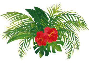 水彩風　トロピカル熱帯植物のセット飾り Summer Tropical Series: Watercolor Tropical Leaves, Hibiscus