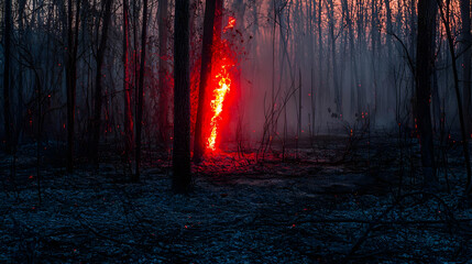 Fiery column of flame in a charred forest.  Flames engulfing trees in a dark, smoky woodland