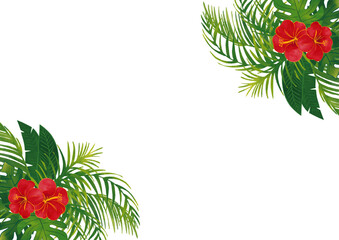 水彩風　トロピカル熱帯植物のセット飾りフレーム1 Summer Tropical Series: Watercolor Tropical Frame Leaves, Hibiscus