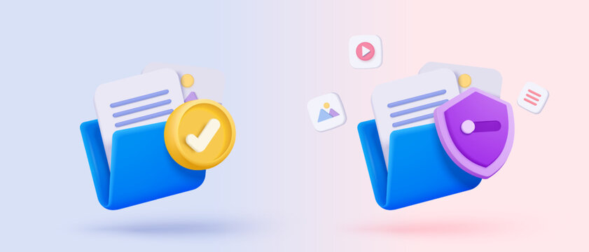 3d folder and paperwork for management file with shield protection, document organization work on project. Document with secret files icon. 3d folder secure protect icon vector render illustration