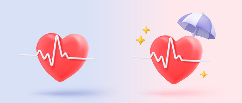 3d red heart with white pulse line on background. heartbeat or cardiogram for healthy lifestyle, pulse beat measure, cardiac assistance, medical healthcare concept. 3d vector icon render illustration