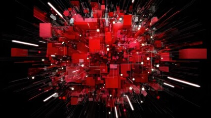 Exploding Red Abstract Composition: A dynamic, abstract composition bursts forth with radiant energy, featuring an explosion of red geometric shapes against a dark background. Illustrating innovation. - Powered by Adobe