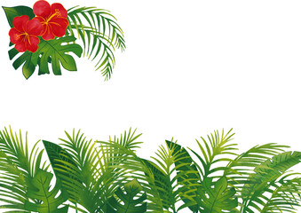 水彩風　トロピカル熱帯植物のセット飾りフレーム2 Summer Tropical Series: Watercolor Tropical Frame Leaves, Hibiscus