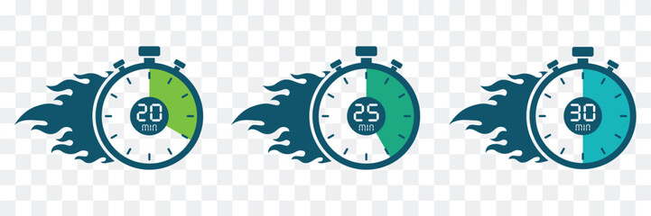 Timer, clock, stopwatch isolated set icons.20,25,30 mins digital numbers on transparent background. Label cooking time. Vector illustration