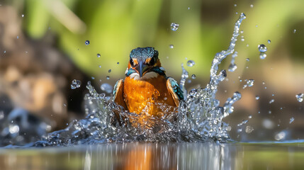 Kingfisher bursting through water, a moment of wild grace and vibrant energy