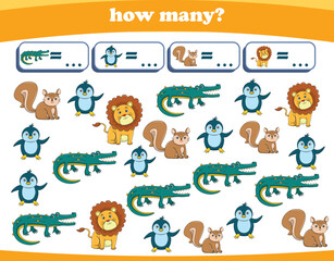 Counting game of wild animals for preschool kids. Printable. Vector Illustration