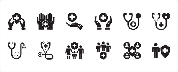 Digital Healthcare icon set. Doctor and health insurance icon. Icon set contains hospital, doctor, consultation, clinic, stethoscope, nurse, family, emergency, online service. Vector illustration.