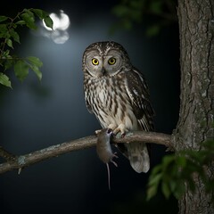 Wild Owl Perched on Branch with Rodent Prey