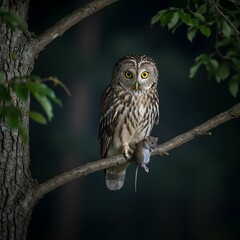  Brown Owl with Mouse in Claws on Tree