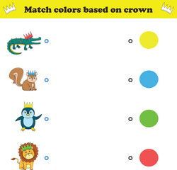 Match the color of the animal's crown. Educational game for color recognition