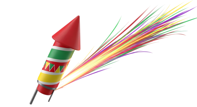 Vibrant Firework Rocket Launching Colorful Sparks Against Transparent Black Background