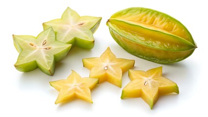 Fototapeta premium Variation Of Starfruit Slices And Segments Arranged On White Background, Carambola, Fruit Slice