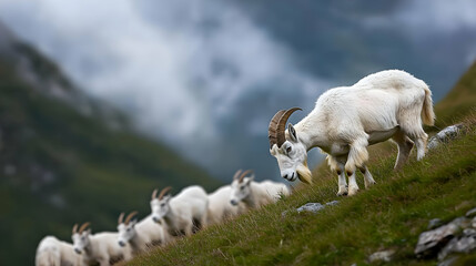 Obraz premium Mountain Goat Herd Grazing On Rocky Slope