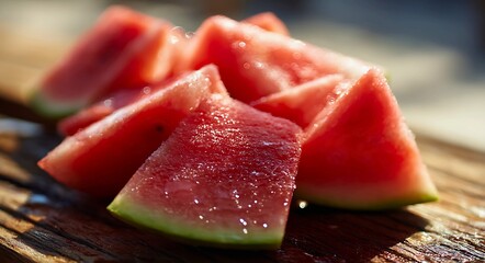 Fresh watermelon slices glistening in bright summer sunlight on a rustic wooden table, perfect for seasonal refreshment