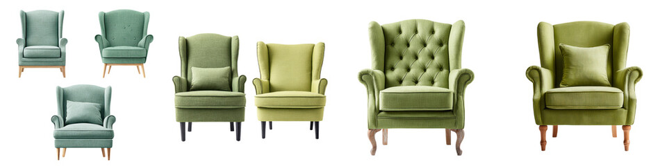 A collection of plush green upholstered armchairs and accent chairs for cozy living spaces