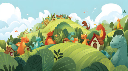 Cute tiny dragons Village Flat Illustration