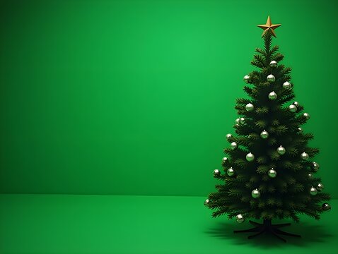 Christmas tree on green background. Copy space. Banner. Xmas greeting card