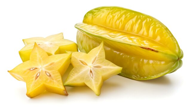 Carambola, Isolayed Fruit, Whole Starfruit and Starfruit Slice Isolated on White Background