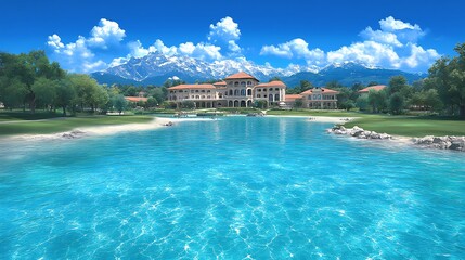 Obraz premium A luxurious lakeside mansion sits beneath a bright blue sky