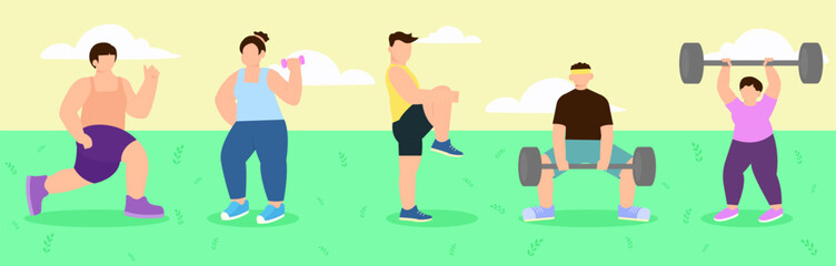 Wellness focused outdoor workout emphasizing diversity in fitness activities. Vector illustration
