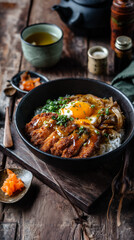 A beautifully plated Japanese katsudon in a matte black bowl, served over steamed rice with crispy golden pork cutlet, soft-cooked egg, and sweet soy-onion sauce
