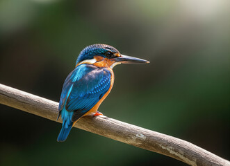 Vibrant kingfisher perched on a branch, showcasing its striking blue and orange plumage with a sharp beak, against a soft natural green background. Bird.