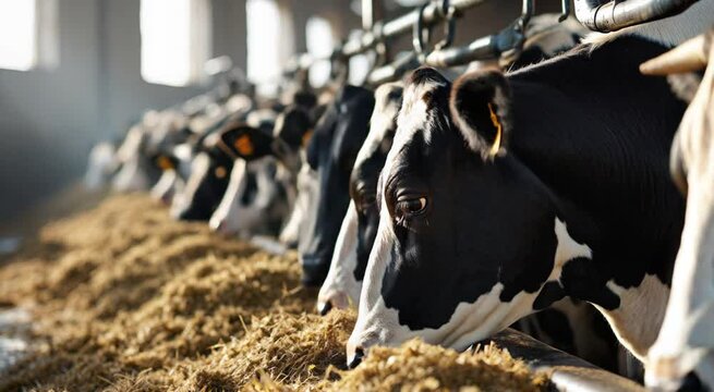 Dairy cows eating fodder inside barn agriculture livestock farming animal husbandry