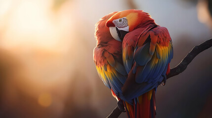 Two Colorful Parrots Embrace Under Sunlight