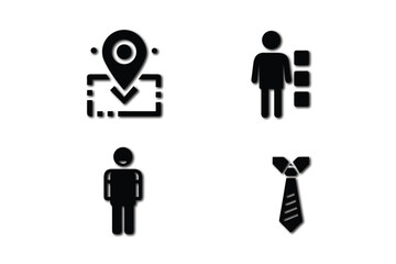Simple Icons Representing Location, Person, and Tie, This image features four simple, black-and-white icons: a map with a pin, a person, a person with a stack of boxes, and a necktie.