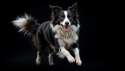 Fototapeta premium Playful Border Collie in Mid-Air Leap Against Black Background