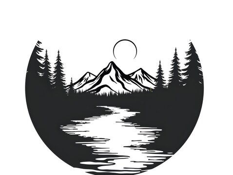A stylized black and white circular landscape depicts a river winding through a forest towards majestic mountain peaks under a sunlit sky.