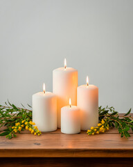 Four White Pillar Candles with Greenery and Yellow Flowers on Wood