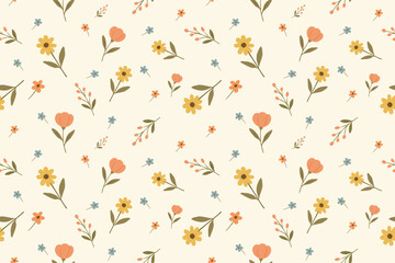 Vintage floral pattern with soft pink, yellow, and blue flowers on a cream background. Gentle and charming design, perfect for wallpapers, stationery, wrapping paper, or cute print projects.
