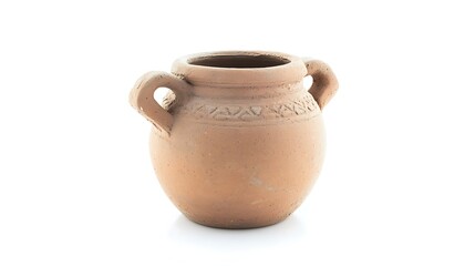 A decorative earthenware pot with two handles on a white background