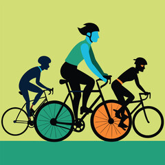 Obraz premium Cycling Trio: A stylish illustration depicts three cyclists, each in dynamic motion, against a textured backdrop. The image captures the spirit of cycling adventure and the thrill of the open road.
