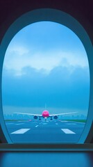 Airplane taking off viewed through an oval window