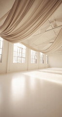Empty white loft space with beige drapes